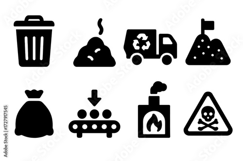 Waste Management Icons. Solid, filled icon set of waste management: trash bin, compost heap, recycling truck, landfill, garbage bag, sorting