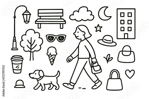 Summer Evening Doodles. Hand-drawn doodle illustration evening walk in summer city streetlamp, bench, tree, cloud, moon, star, coffee cup, ice cream,