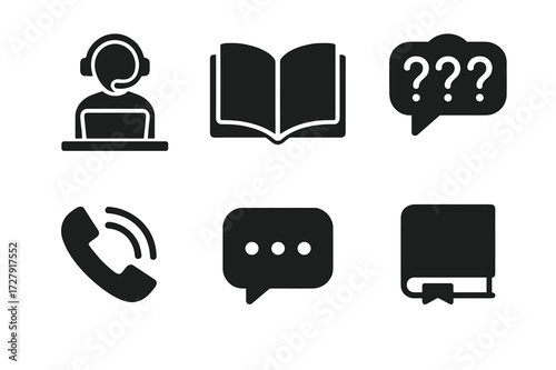 Advisor Support Icons. Solid, filled icon set of advisor support: help desk, knowledge base, FAQs, customer support, hotline, chat support, ticket system,