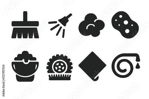 Car Wash Icons. Solid, filled icon set of vehicle scrubbing: car wash brush, water spray, soap suds, sponge, bucket, tire scrubber, drying cloth, hose. [Line