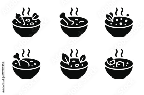 Healthy Soup Icons. Solid, filled icon set of healthy soups: vegetable soup, bone broth, lentil soup, chicken broth, detox soup, miso soup, tomato basil soup,
