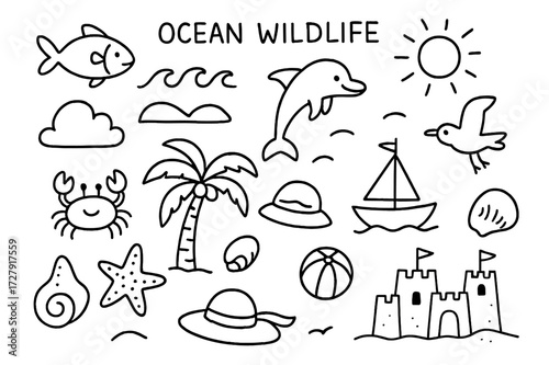Ocean Wildlife Doodle. Hand-drawn doodle illustration Ocean wildlife at the beach fish, crab, starfish, seashell, wave, dolphin, seagull, umbrella, palm tree,