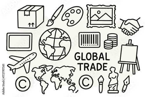 Global Trade Icons. Hand-drawn doodle illustration Global trade in art, design, and creative industries [globe, shipping box, paintbrush, palette, gallery