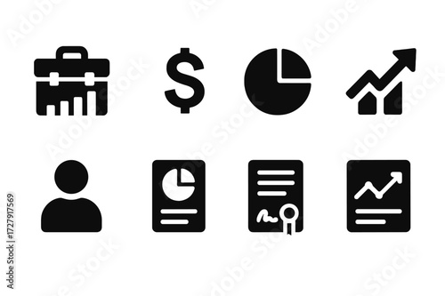 Mutual Fund Icon Set. Solid, filled icon set of mutual fund basics: fund portfolio, dollar sign, pie chart, growth arrow, investor, financial report, contract,
