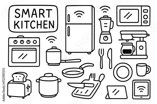 Smart Kitchen Doodle. Hand-drawn doodle illustration Smart kitchens smart fridge, oven, microwave, blender, coffee maker, toaster, pot, pan, cutting board,