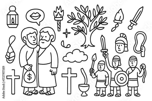 Judas Betrayal Doodle. Hand-drawn doodle illustration Judas betrayal in Gethsemane figure with bag of coins, kiss symbol, olive tree, lantern, soldiers,