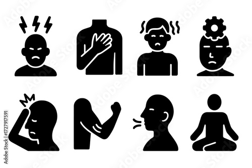 Relief Icons Set. Solid, filled icon set of relief concepts: stress relief, pain relief, tension release, anxiety relief, headache relief, muscle relaxation,