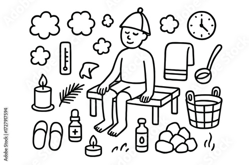 Sauna Time Doodle. Hand-drawn doodle illustration Relaxing in sauna, person sitting, steam clouds, wooden bench, towel, sauna hat, bucket with water, ladle,