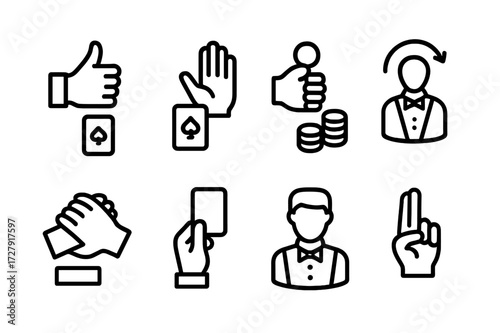 Dealer Signal Icons. Outline icon set of dealer signals: bet accepted, no bet, payout, shuffle, cut card, dealer change, card reveal, dealer pause. Line icons