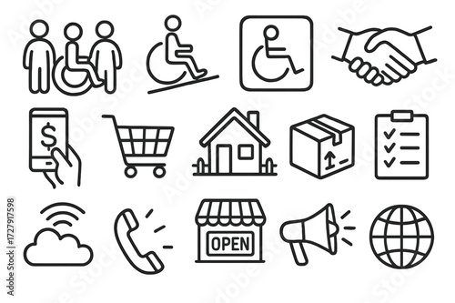 Inclusive Market Access Icons. Hand-drawn doodle illustration inclusive market access people icons, ramp, accessibility symbol, handshake, mobile payment,
