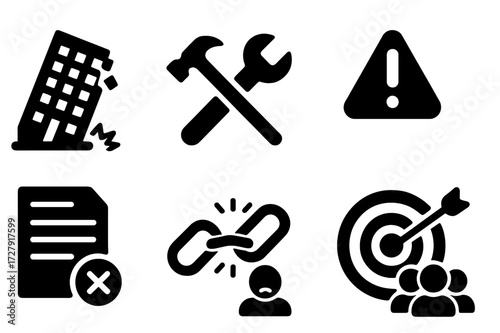Management Failure Icons. Solid, filled icon set of management failure: collapsing building, crossed tools, red alert, neglected tasks, broken chain, unhappy