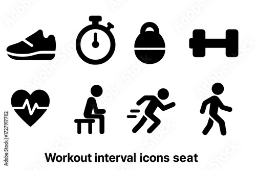 Workout Interval Icons. Solid, filled icon set of workout intervals: running shoe, stopwatch, timer, dumbbell, heart rate, rest period, sprint, warm-up. [Line