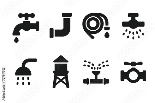 Water Transport Icons. Solid, filled icon set of water transportation: faucet, pipe, hose, sprinkler, showerhead, water tower, irrigation system, plumbing