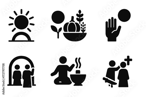 Ritual Celebration Icons. Solid, filled icon set of ritual celebrations: solstice, equinox, harvest festival, moon ritual, initiation, cleansing, sacrifice,