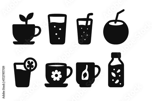 Relief Beverage Icons. Solid, filled icon set of relief beverages: herbal tea, water, smoothie, coconut water, lemon water, chamomile tea, green tea, infused