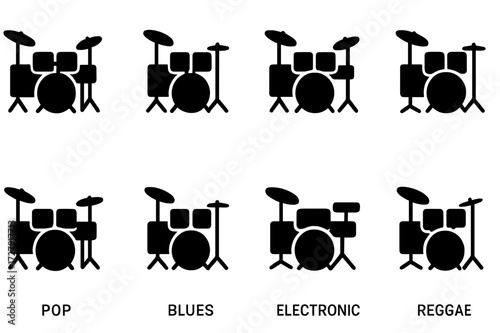 Music Genre Icons. Solid, filled icon set of drum kit music genres: rock, jazz, funk, metal, pop, blues, electronic, reggae. Solid, filled icons in only black