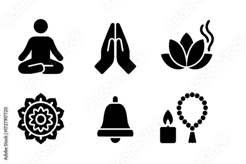 Spiritual Ritual Icons. Solid, filled icon set of spiritual ritual: meditation pose, prayer hands, lotus flower, incense smoke, mandala, bell, candle flame,