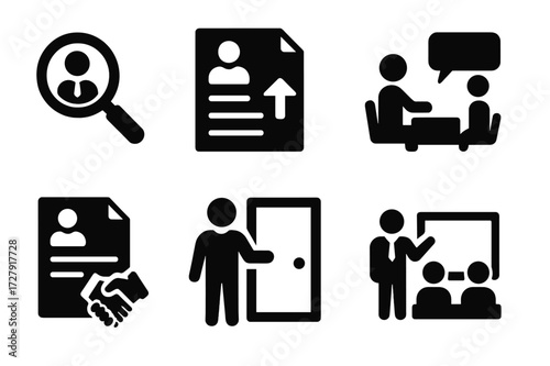 Job Application Icons. Solid, filled icon set of job application stages: search job, prepare resume, submit application, interview, offer,