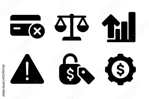 Credit Limit Icons. Solid, filled icon set of credit limits: blocked icon, balance scale, high limit arrow, usage bar, warning sign, restriction