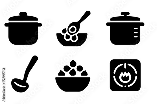 Chickpea Cooking Icons. Solid, filled icon set of chickpea cooking tools: cooking pot, spoon stirring chickpeas, pressure cooker, measuring cup, ladle, bowl of