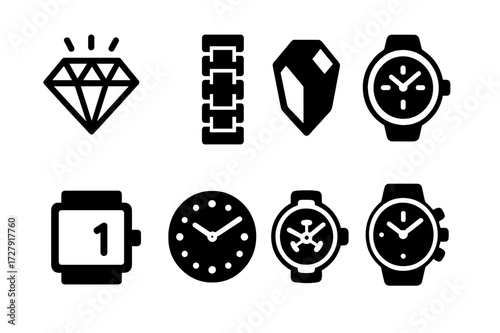 Luxury Watch Icons. Solid, filled icon set of luxury watch features: diamond bezel, gold bracelet, sapphire crystal, automatic movement, tourbillon, date