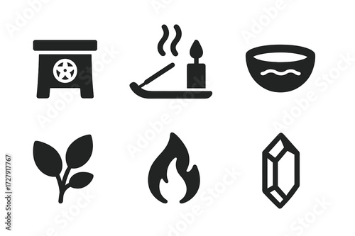 Ritual Purification Icons. Solid, filled icon set of ritual purification: altar, incense, candle, water bowl, herbs, flame, smoke, crystal. [Line icons in only