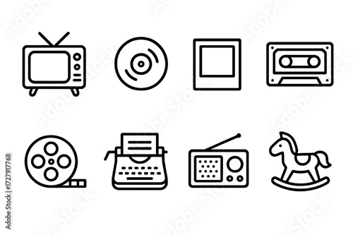 Nostalgic Icon Set. Outline icon set of nostalgic moments: old television, vinyl record, polaroid photo, cassette tape, film reel, typewriter, radio, childhood