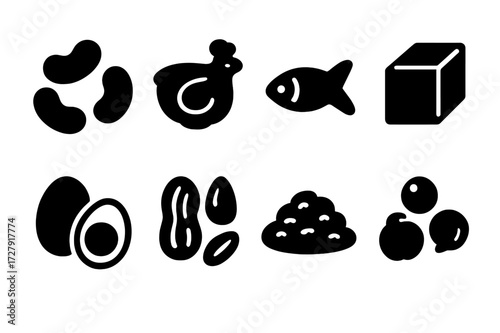 Protein Source Icons. Solid, filled icon set of protein sources: black beans, chicken, fish, tofu, eggs, nuts, lentils, chickpeas. [Line icons in only black