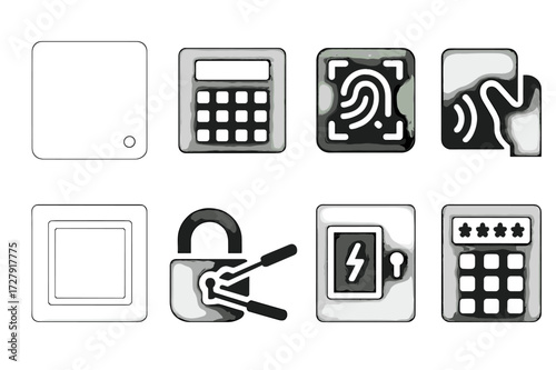 Safe Unlocking Icons. Solid, filled icon set of safe unlocking: combination dial, digital code, fingerprint scan, keycard swipe, emergency override, lock pick,
