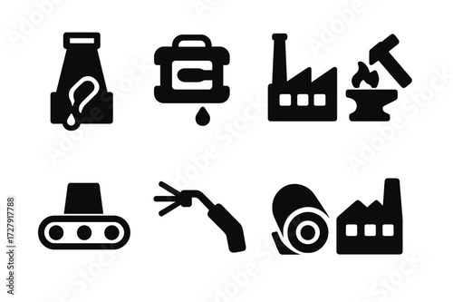 Iron Manufacturing Icons. Solid, filled icon set of iron manufacturing: smelting furnace, iron casting mold, steel mill, iron forge, conveyor belt, welding