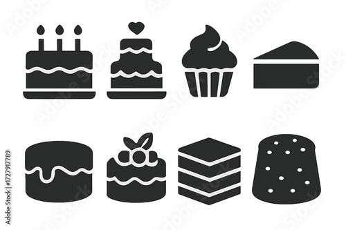 Black Cake Icons. Solid, filled icon set of cakes: birthday cake, wedding cake, cupcake, cheesecake, chocolate cake, fruit cake, layered cake, pound cake.
