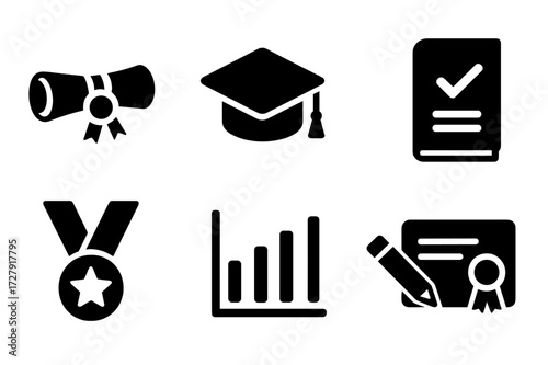 Academic Icons Set. Solid, filled icon set of academic performance: diploma, graduation cap, report card, book, medal, chart, pencil, certificate. [Line icons