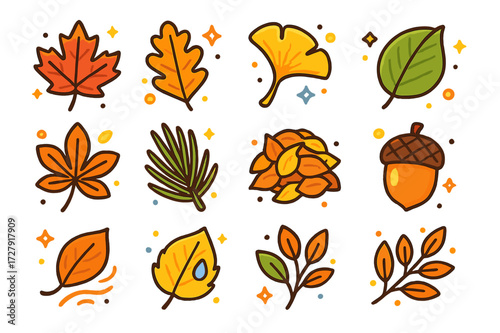 Colorful Autumn Leaves Icons. Fall leaves. Colorful isometric vector icons set of Fall leaves: maple leaf, oak leaf, birch leaf, ginkgo leaf, chestnut leaf,