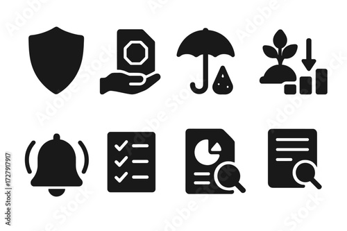 Risk Management Icons. Solid, filled icon set of risk management tools: shield, stop loss, insurance, diversification, hedge, alert bell, checklist, audit