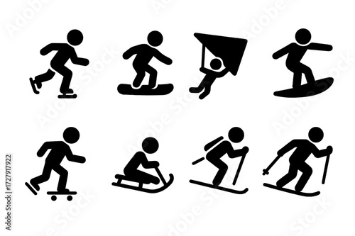 Glide Activities Icons. Solid, filled icon set of glide activities: ice skating, snowboarding, surfing, hang gliding, skateboarding, sledding, skiing, wingsuit