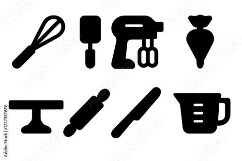 Cake Utensil Icons. Solid, filled icon set of cake utensils: whisk, spatula, mixer, piping bag, cake stand, rolling pin, cake knife, measuring cup. Solid,