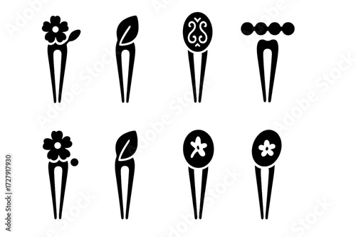 Decorative Hairpin Icons. Solid, filled icon set of hairpin decorative techniques: engraving, embossing, filigree, beading, painting, inlay, etching,
