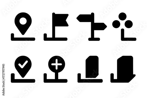 Corner Marker Icons. Solid, filled icon set of corner markers: map pin corner, flag corner, signpost corner, boundary corner, checkpoint corner, survey marker,