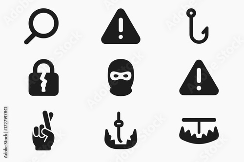 Scam Detection Icons. Solid, filled icon set of scam detection: magnifying glass, alert badge, phishing hook, broken lock, masked face, warning sign, crossed