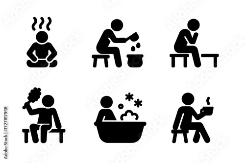 Banya Activity Icons. Solid, filled icon set of banya activities: steaming, pouring water, sweating, resting, whisking with venik, washing, cooling off,