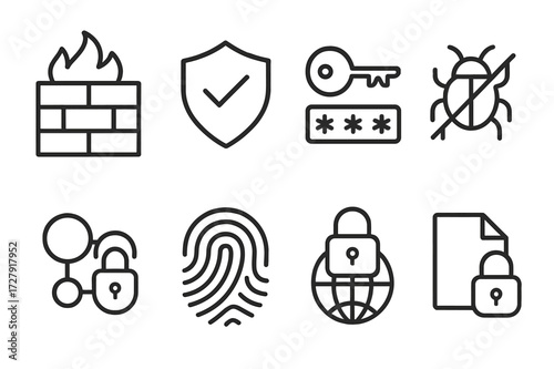 Cybersecurity Icon Set. Outline icon set of cybersecurity protection: firewall, shield with checkmark, password key, antivirus, secure connection, fingerprint,