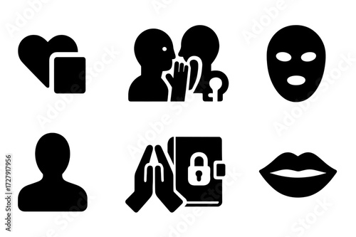 Secret Feelings Icons. Solid, filled icon set of secret feelings: hidden heart, whisper, lock and key, masked face, shadowed figure, folded hands, diary with