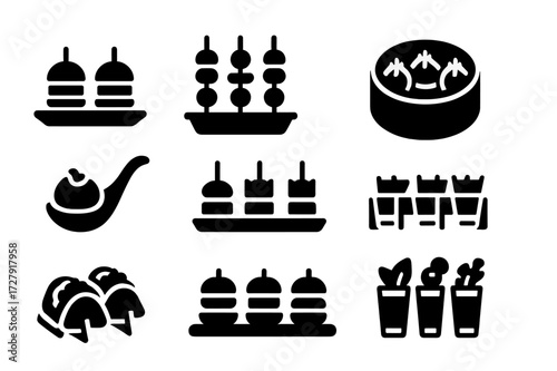 Finger Food Icons. Solid, filled icon set of finger food trays: mini burger plate, skewer platter, dumpling basket, appetizer spoon, canape tray, mini taco