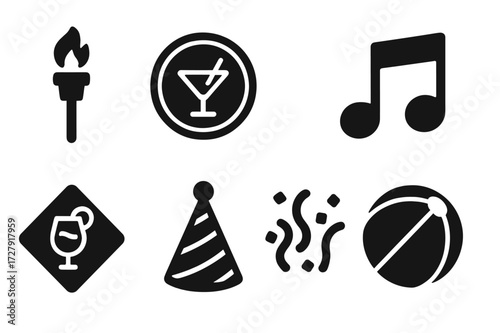 Spritz Party Icons. Solid, filled icon set of spritz party elements: tiki torch, neon sign, music note, dance floor, cocktail napkin, party hat, confetti,
