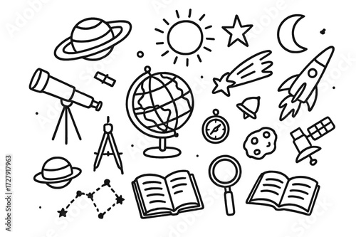 Space Exploration Doodles. Hand-drawn doodle illustration planetary mapping globe, orbit line, telescope, compass, planet, sun, star, moon, comet, rocket,