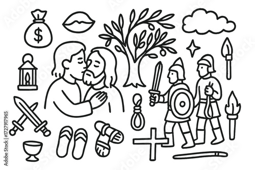 Judas Betrayal Doodle. Hand-drawn doodle illustration Judas betrayal in Gethsemane figure with bag of coins, kiss symbol, olive tree, lantern, soldiers,