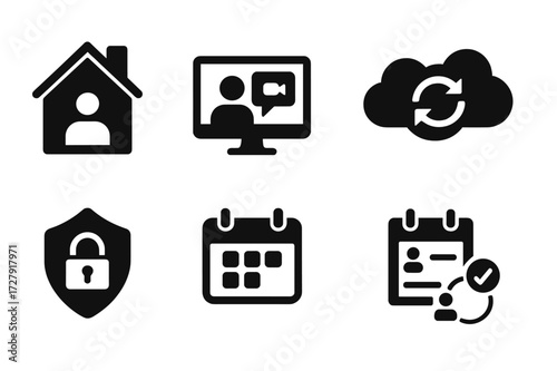 Remote Collaboration Icons. Solid, filled icon set of remote collaboration: home office, video chat, cloud sync, virtual desk, VPN, online calendar, shared
