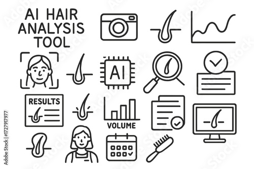 AI Hair Analysis Icons. Hand-drawn doodle illustration [AI hair analysis tool] [face scan icon, camera, strand icon, graph, result page, AI chip, magnifier,