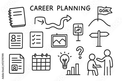 Career Planning Doodles. Hand-drawn doodle illustration [career planning] [notebook, roadmap, arrow, goal flag, resume, checklist, calendar, vision board,
