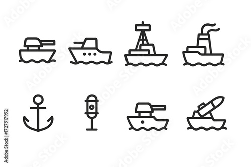 Gunboat Icon Collection. Outline icon set of gunboats: turret gun, hull, radar mast, smokestack, anchor, navigation lights, deck cannon, missile launcher. Line